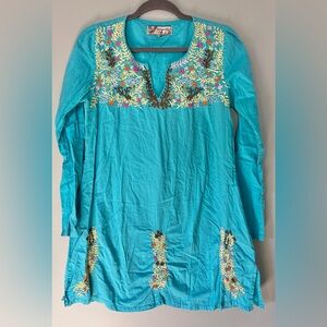100% Cotton Long Sleeve Multicolored Embroidered Teal Tunic Dress Size Medium